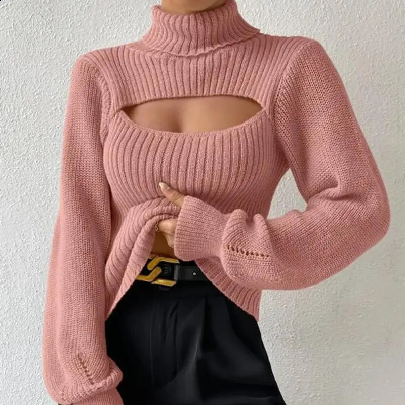 Chest Hollowed-out Sexy Sweater Sexy Loose Matching Sweater Fall Winter Turtleneck Hollowed-out Sweater Women Wear Top 240918