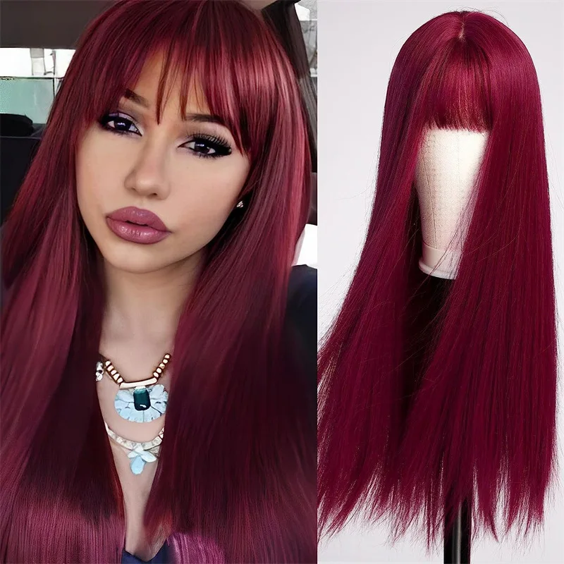 Best-selling fashion female wig wine-red air bangs long straight hair synthetic fiber high temperature silk wig set
