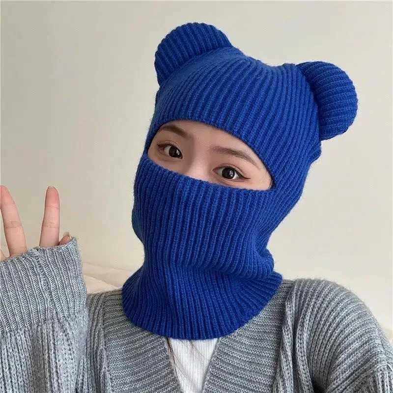 Beanie/Skull Caps New Womes cute full face ski mask hat with bear ears Balaclava knit hat windproof skull hat Beanies hat winter warmth J240913