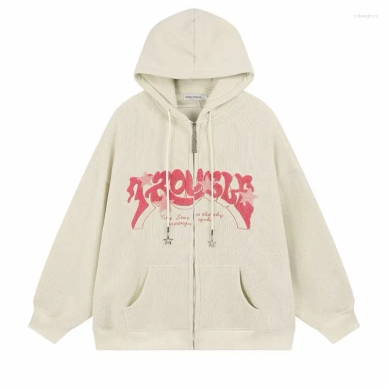 Men's Hoodies American Vintage Goth Corduroy Zip Up For Men Hip Hop Fashion Foam Print Jacket Women's Streetwear Sweatshirts