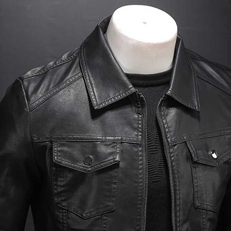 JUMPSNOW Mens Motorcycle Leather Jacket Large Pocket Black Zipper Collar Slim Fit Mens Spring Autumn High Quality PU Coat W240918