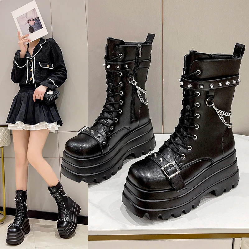 Platform Thick Gothic Boots Womens Buckle Autumn Shoes Womens Wedge Knee High Boots Punk Street Role Playing Botas Motorcycle Chain 240914