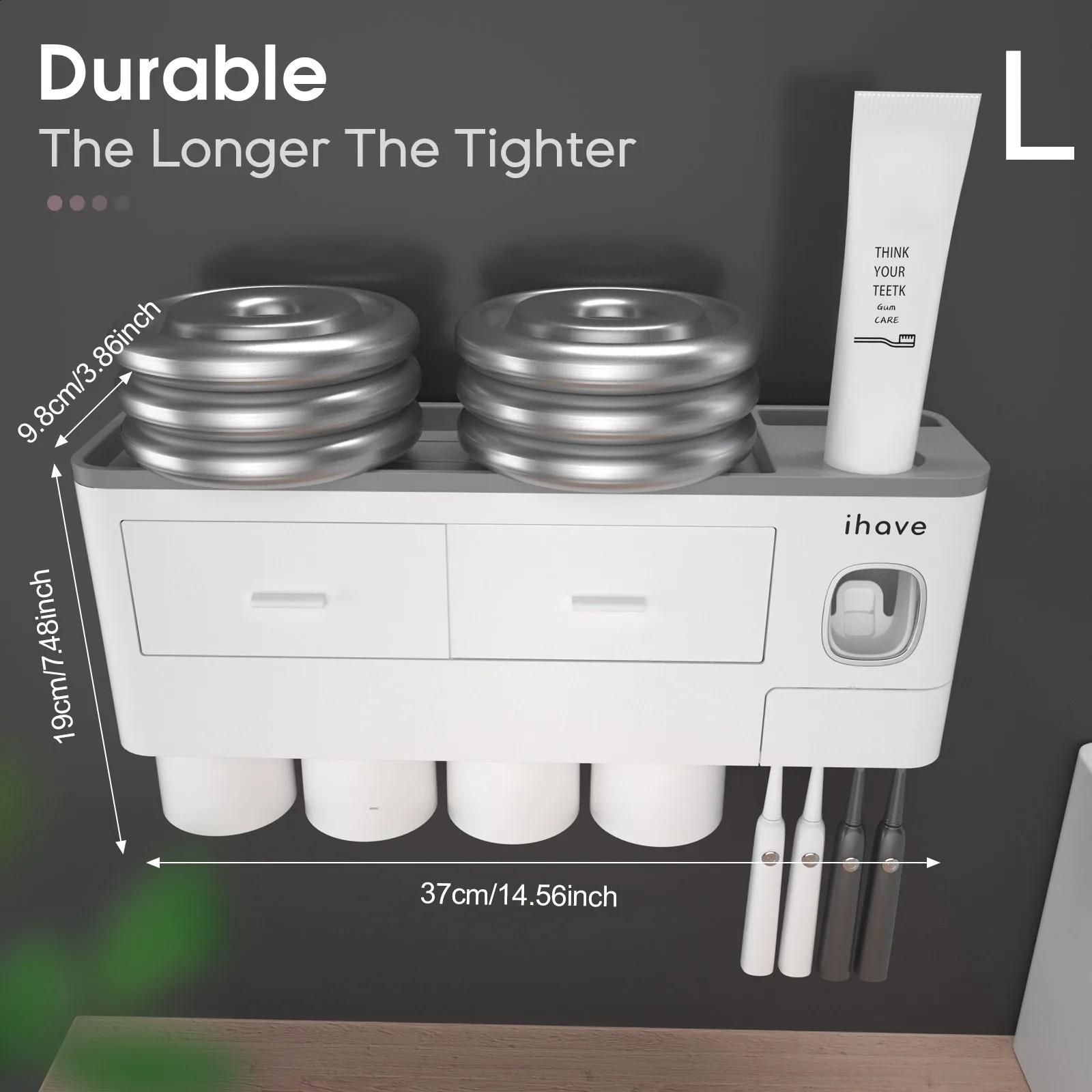 Toothbrush Holders for Bathrooms 4 Cups Toothbrush Holder Wall Mounted with Toothpaste Dispenser - Large Tray 2 Cosmetic Drawer 240913