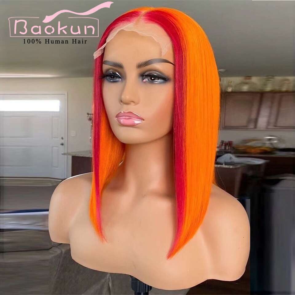 13X4 Highlight Bob Front Red Yellow Transparent 13X6 HD Lace Frontal Wig Short Straight Human Hair Wigs