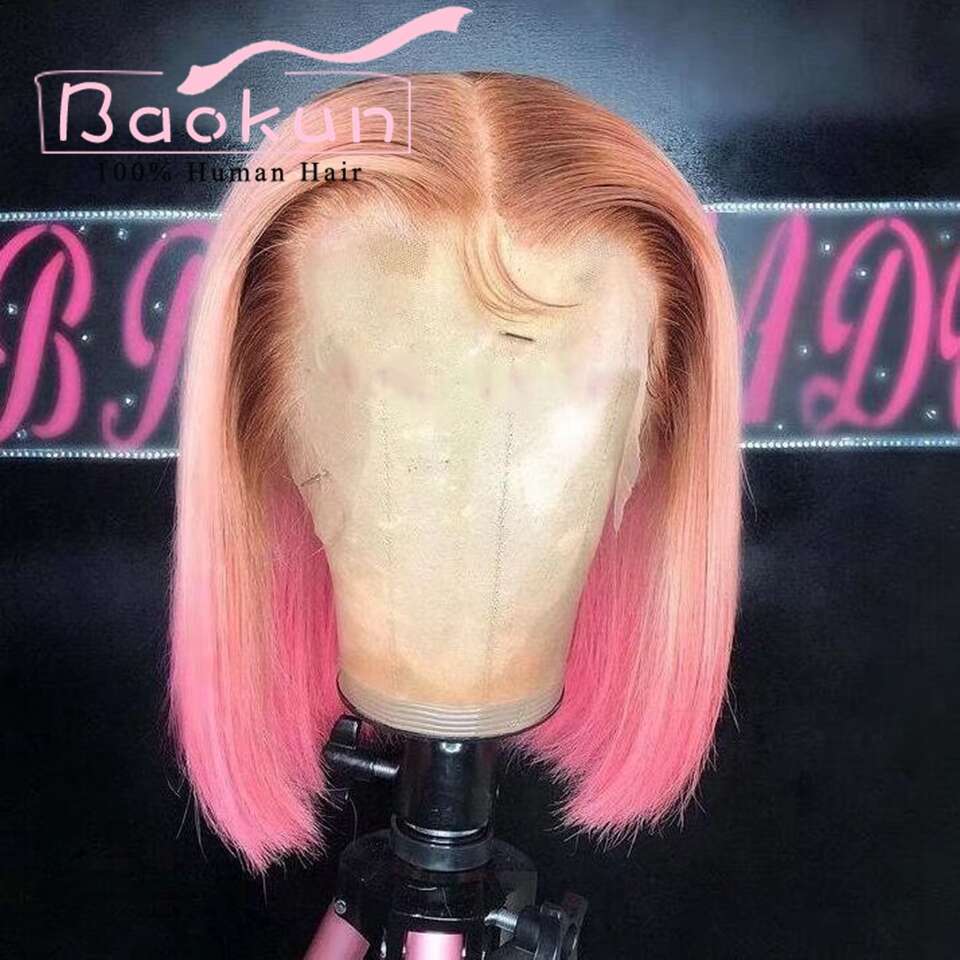 13X4 Pink Red Short Bob Front Transparent 13X6 HD Lace Frontal Wig Ombre 613 Human Hair Wigs For Women