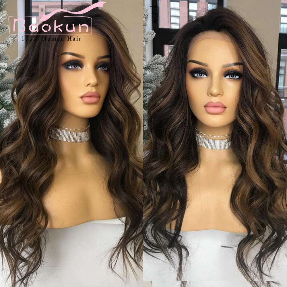 13X6 Brown Highlight 360 Frontal Wig Body Wave Lace Front Human Hair Wigs For Women Pre Plucked