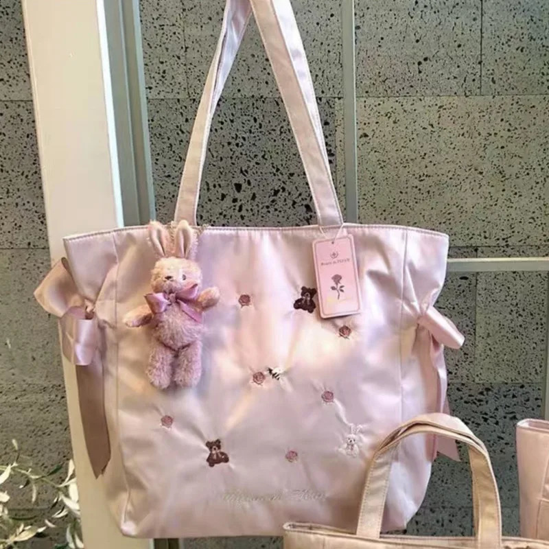 Cute rabbit bear embroidered garbage bag large capacity womens handbag Y2k retro casual pink travel shoulder bag 240918
