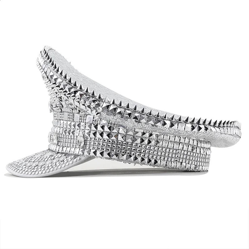 Female Wedding Bride Captain Octagonal Hat Queen Rhinestone Military Hat Sergeant Hat Holiday Birthday Party Hat 240914