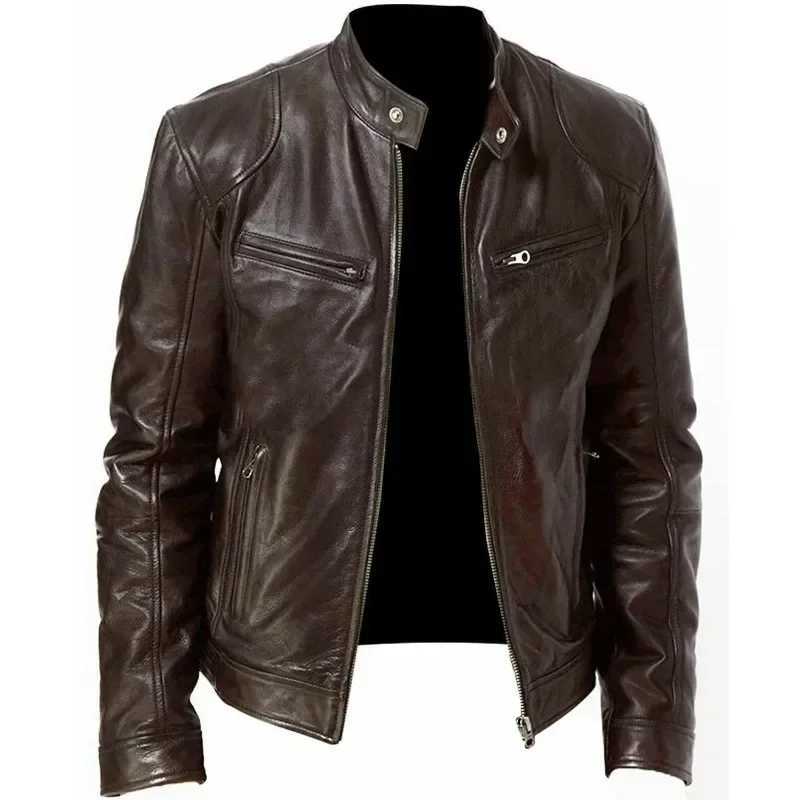 Ultra thin and fitted mens windproof motorcycle leather jacket with a zipper spring support collar PU jacket fashionable mens leather jacket W240918