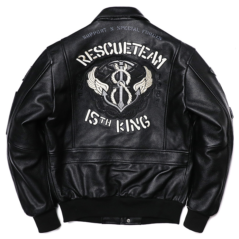 New Black Flying Suit Genuine Leather Jacket Men's Natural Cowhide Coat Cross Anchor Embroidery Fashion Motorcycle Clothing