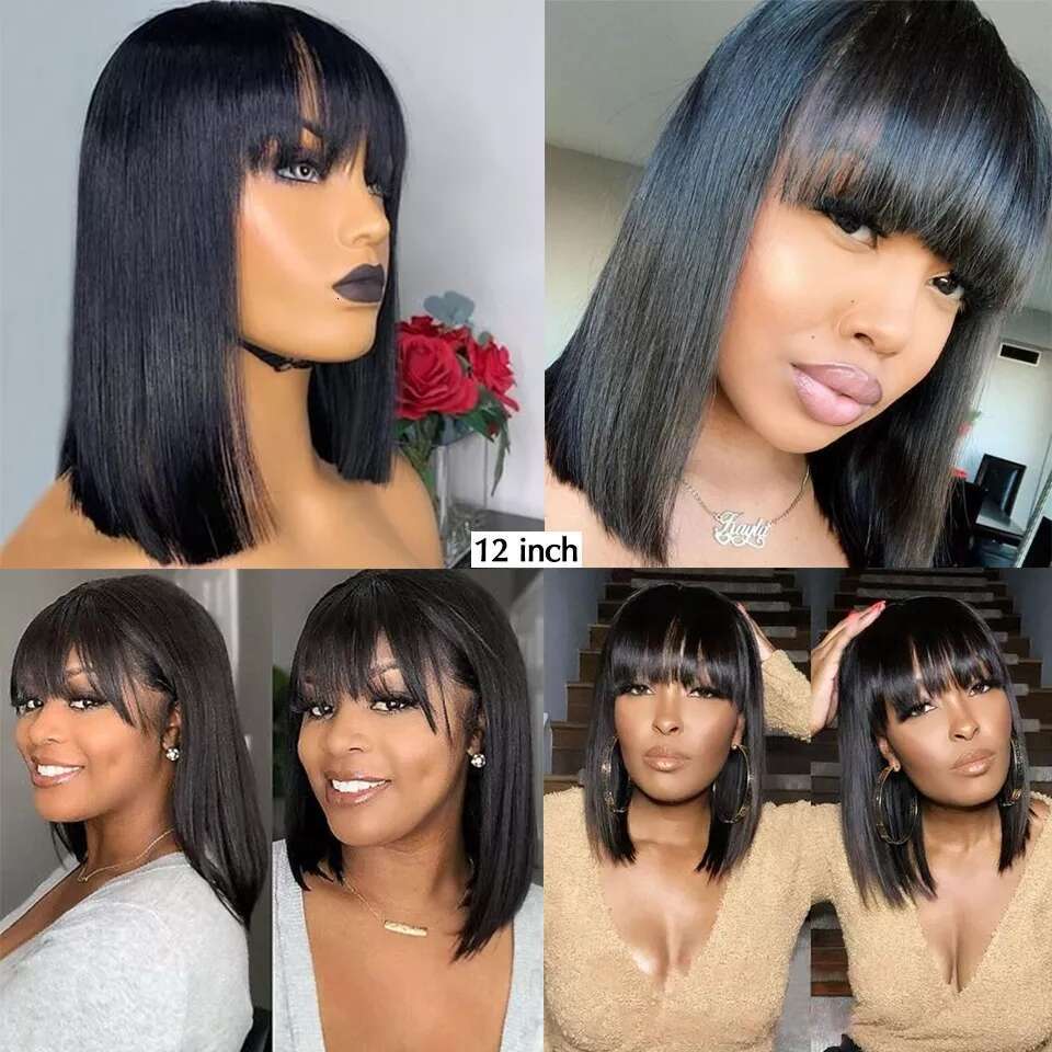 Brazilian Human With Bangs Remy Straight Hair Wigs Full Hine Made For Women 8-16 Inches Fringe Bob Wig