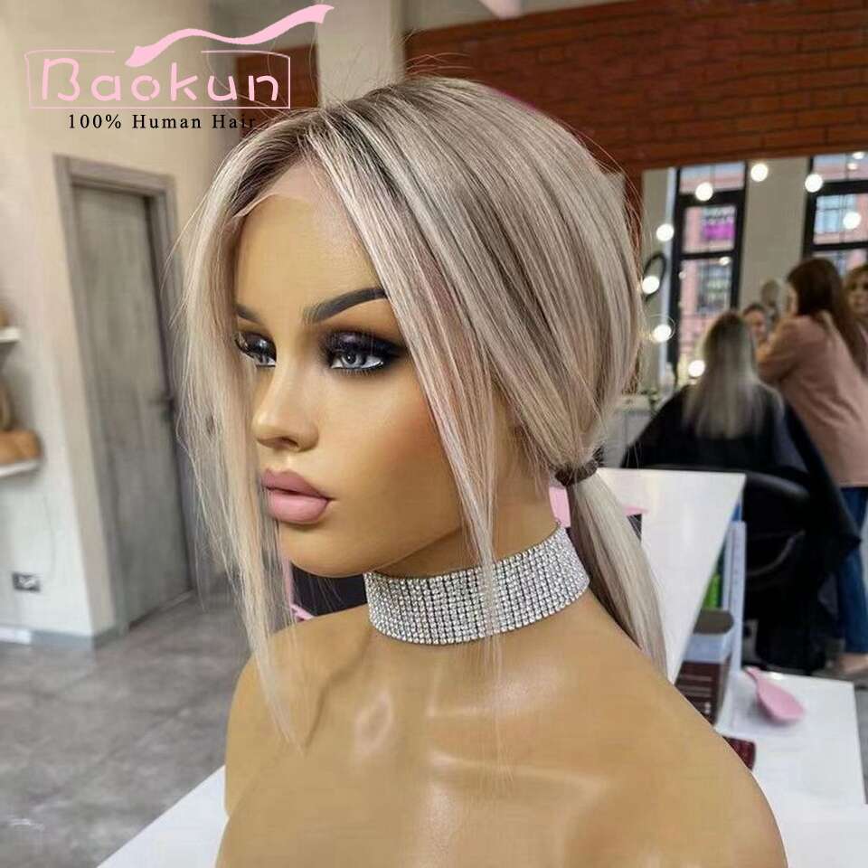 13X4 Short Ash Blonde 360 Frontal Wig Highlight Bob Straight Lace Front Wigs For Women Human Hair