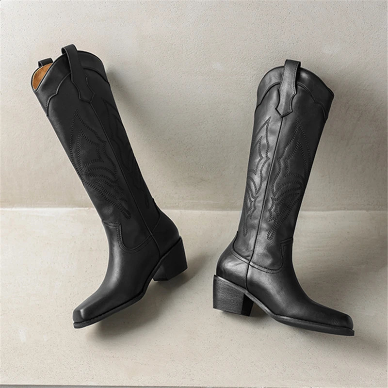 Genuine leather womens knight boots with thick heels square toes embroidered western cowboy boots womens fully matched casual long Botas 240914