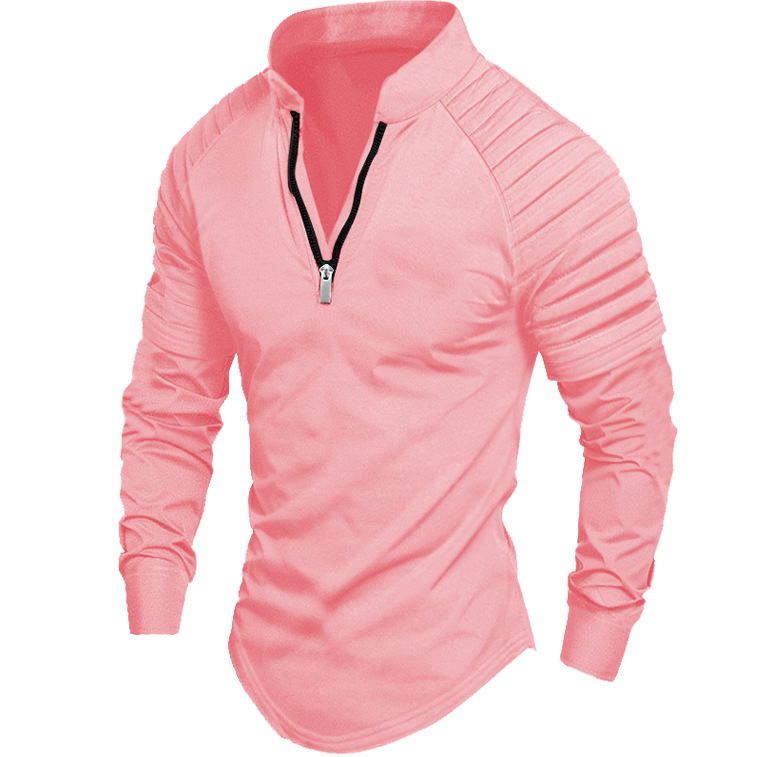 Mens Pleated Striped Fashion Polo Casual T-shirt for Business Office Pink Orange Black White Polos golf sports long sleeve lapel golf work casual Tee 