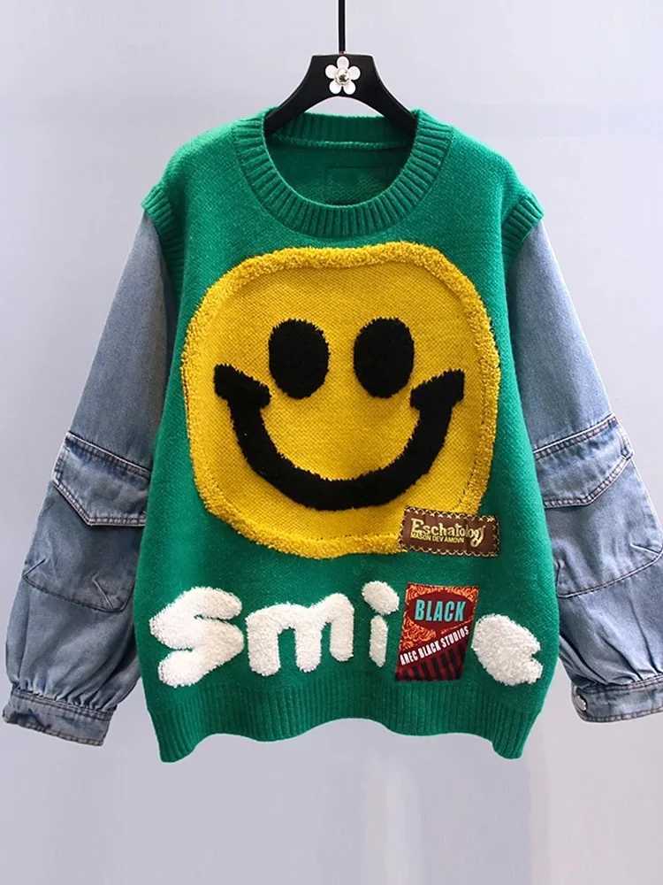 Smiling Face Loose Sweater Top Womens Denim Sleeves Round Neck Zipper Jumper Winter Fashion Street Clothing Fashion Knitted W240918