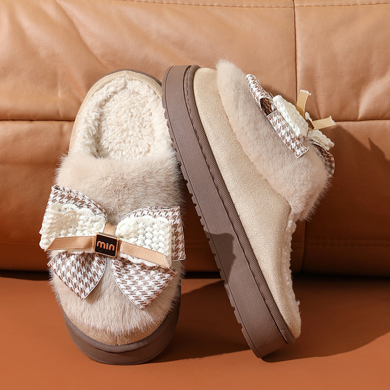 Designer Shoes In Black And White 2024 Autumn/winter New Home Interior Plush Warm Thick Bottom Fashionable Anti Slip Butterfly Knot Cotton Slippers Fo