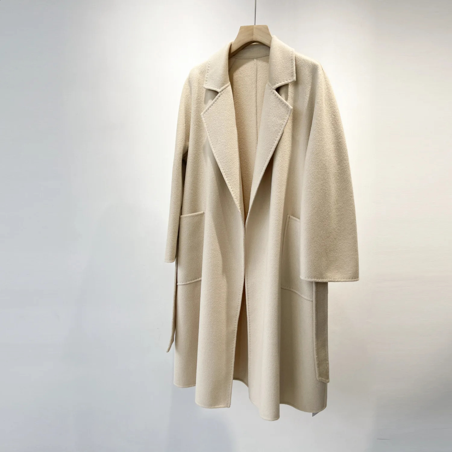 MAX Women Jacket Autumn Winter Labbro Bathrobe Water Ripple Double Faced Wool Coat Lace Up Woolen Long Coat Women 240909