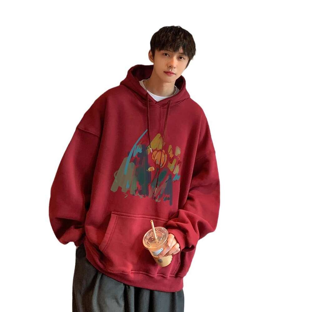 Wine Red Vintage Hoodie Men's Plus Velvet Japanese Hoodie Hooded Oversized Couple Outfit Jacket Top