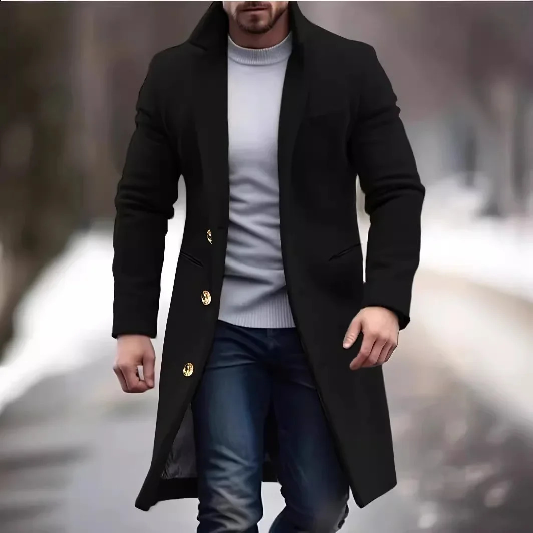 Elegant Mediumlength Mens Woolen Coat Fashionable Casual Trench Crossborder Autumnwinter Slimming Smooths Your Silhouette 240905