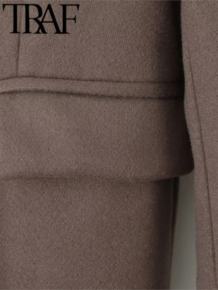 TRAF GAL Winter Elegant Women Trench Coat Long Sleeve Laple Double Breasted Medium Length Overcoat Jacket Woolen Coat 240909