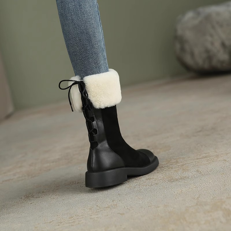 Soft leather and plush midsole snow 2024 winter new fur integrated thick soled short boots