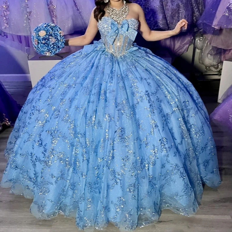 Sky Blue Shiny Off Shoulder Shiny Ball Gown Quinceanera Dresses Sequin Applique Beads Crystal Bow Sweet 16 Dress Vestidos 15 De Anos