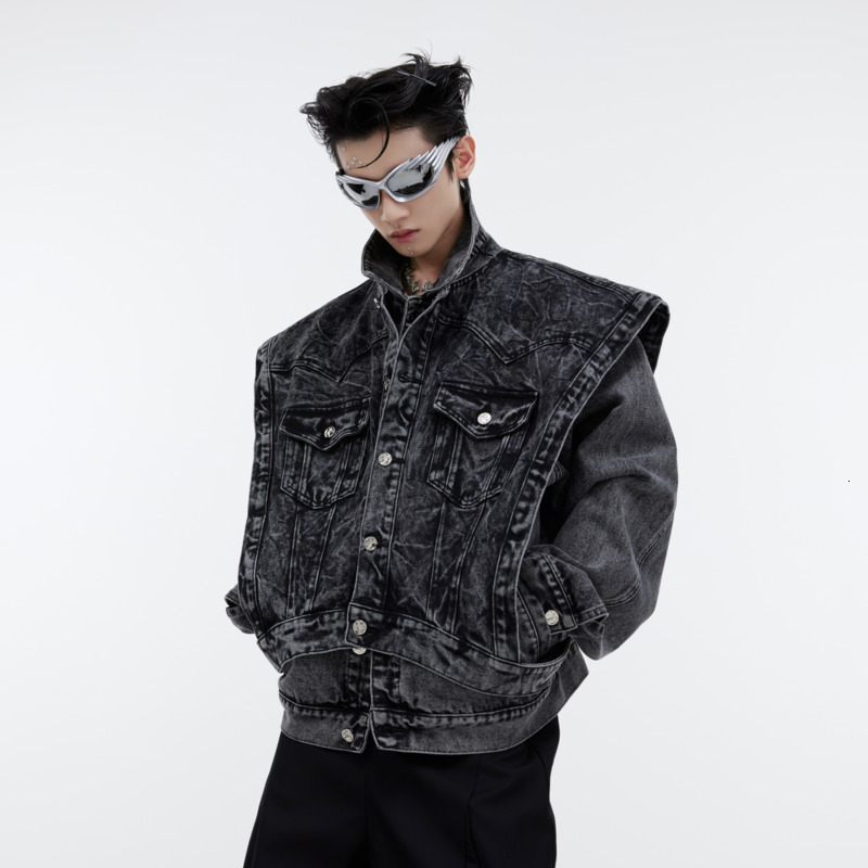 NOYMEI Niche Design Denim Coat Sleeve Detachable Vintage Washed Solid Color All-Match Loose Men Jacket Autumn High Street Wa3248