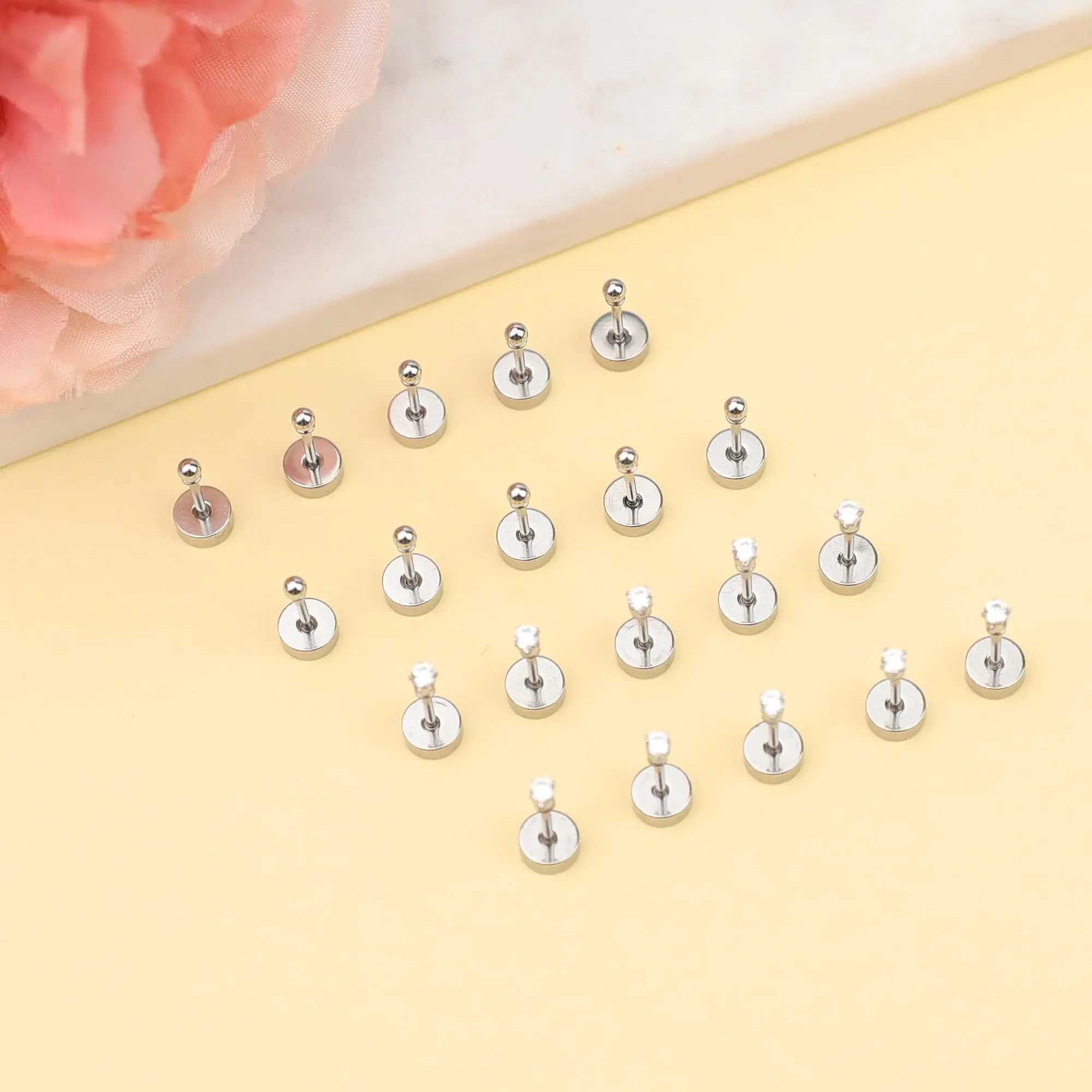 10 pairs of 2mm small flat back screw earrings suitable for female surgery steel screw back chuck earrings CZ ball small screw earrings W240918