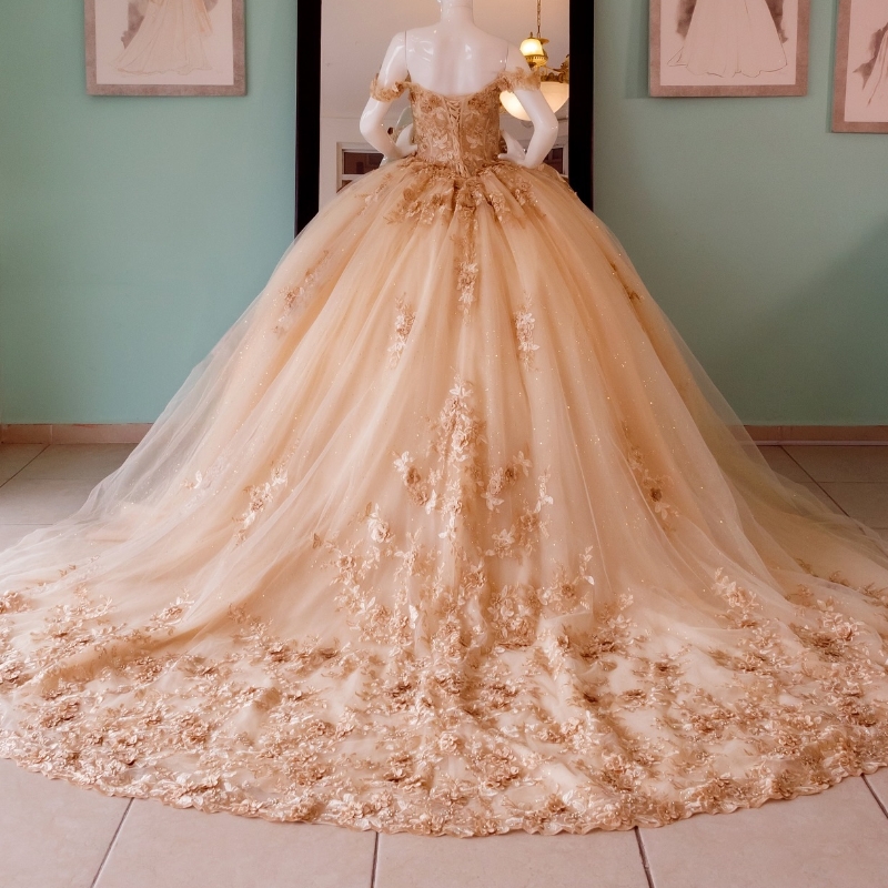 Champagne Shiny Quinceanera Dresses Ball Gown Off The Shoulder 3D Flowers Appliques Lace Tull Corset Vestidos De 15 Anos Sweet 16 Dress