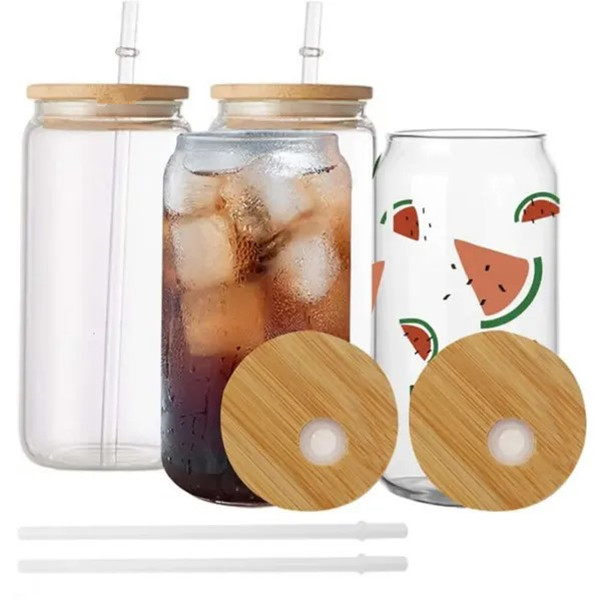 USA CA Local Warehouse 16oz Mugs Double Wall Sublimation Glass Beer Can Shaped Cups Tumbler Drinking Beer With Bamboo Lid FY5118 0918
