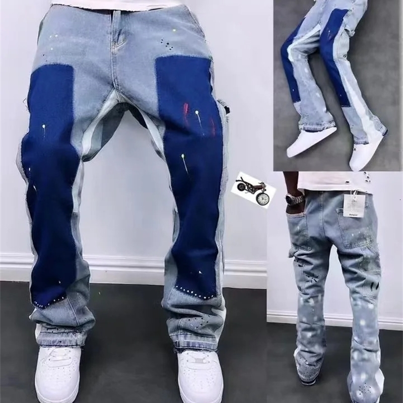 Distressed Bell bottom Jeans Color Block Construction Details Street Style Trendy Unique Niche Pants Mens Fashion 240823