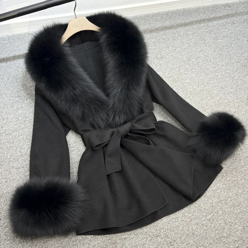 Janveny Womens Wool Coat Autumn Winter Natural Real Fox Fur Jackets Detachable Fluffy Fox Fur Trench Lady Outerwear 240911