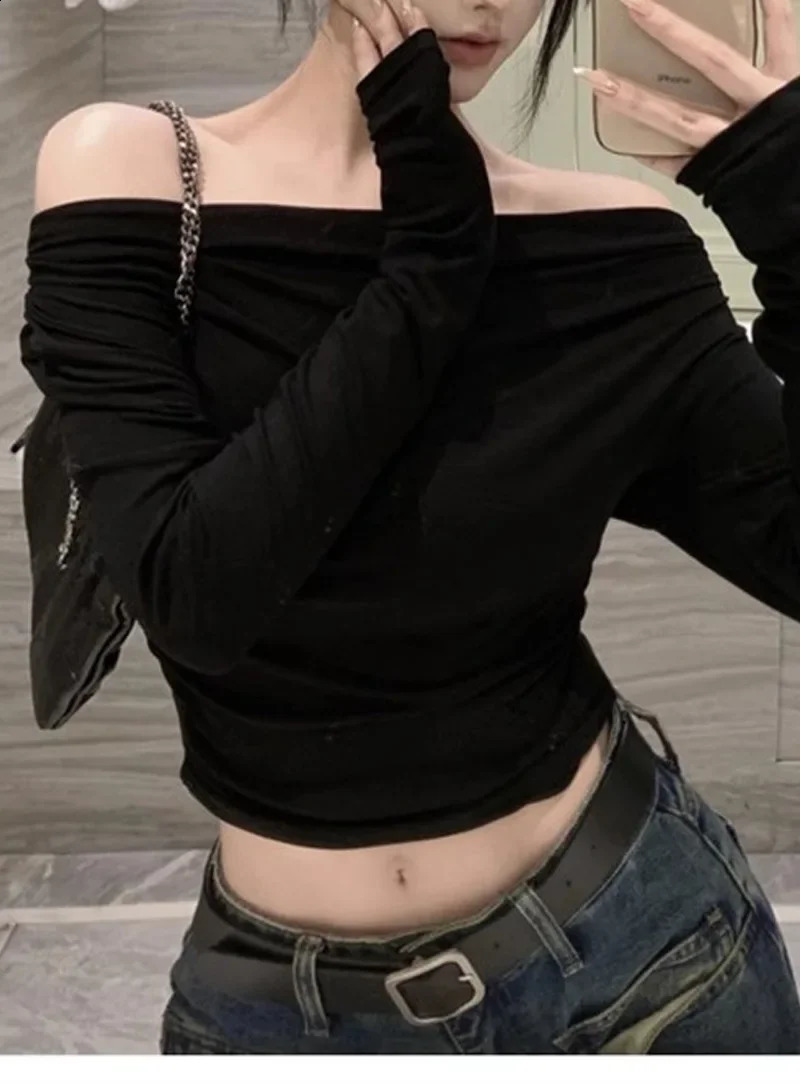 Autumn Winter 2024 Style Crossbody V-neck Long Sleeve T-shirt Womens Cropped Irregular Off-the-shoulder Top 240918