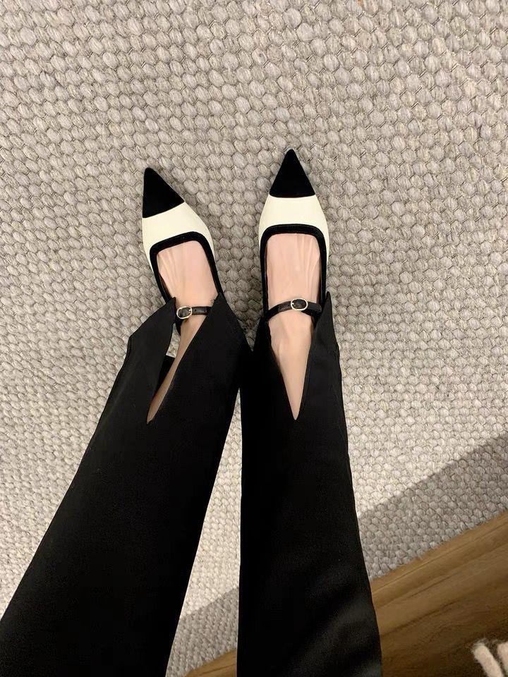 French style single shoe women's evening style pointed light mouth color blocked belt buckle thick heel flat bottom Mary Jane shoes
