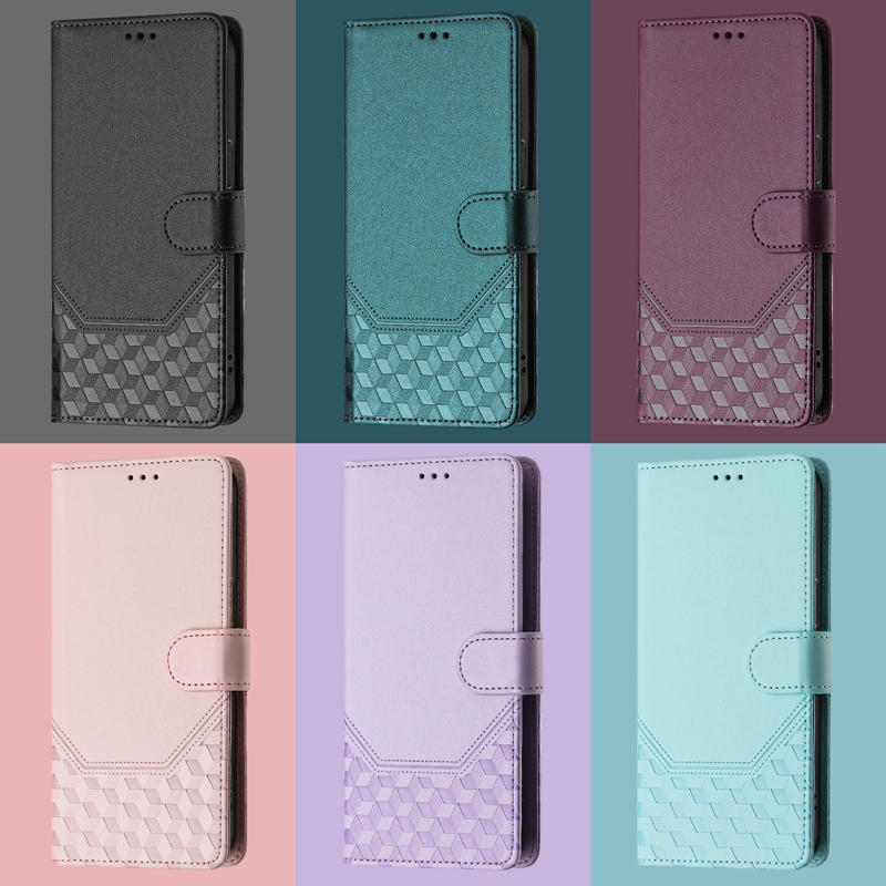 16E Honeycomb Grain Leather Wallet Case For Iphone 17 Air 16 Plus 15 Pro Max 14 13 12 11 X Max XR 8 Embossed Credit ID Card Slot Holder Kickstand Anti