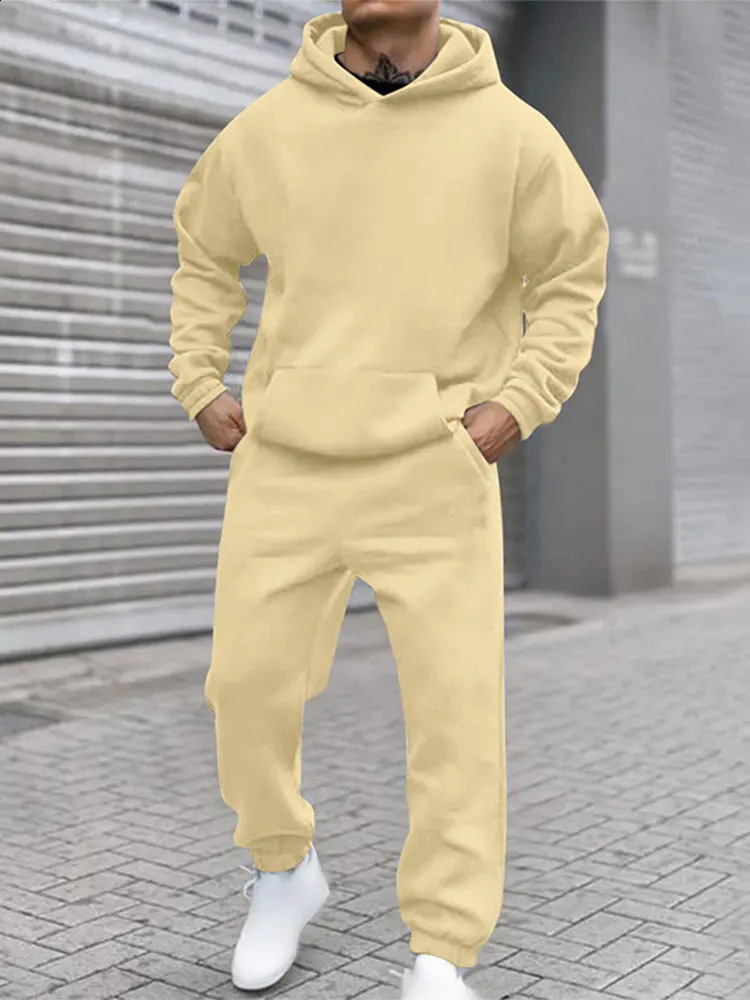 Autumn Solid Plus Velvet Tracksuit For Male Long Sleeve Hoodie Straight Sweatpants 2 Piece Set Mens Hooded Sweatshirt Outfits 240918