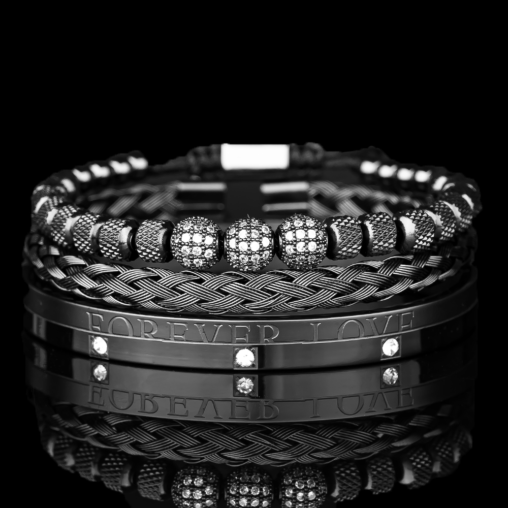 3pcs/set Men Bracelets Luxury Micro Pave CZ Round Beads Royal Charm Men Link Bracelets Stainless Steel Crystals Bangles Couple Handmade Jewelry Gift