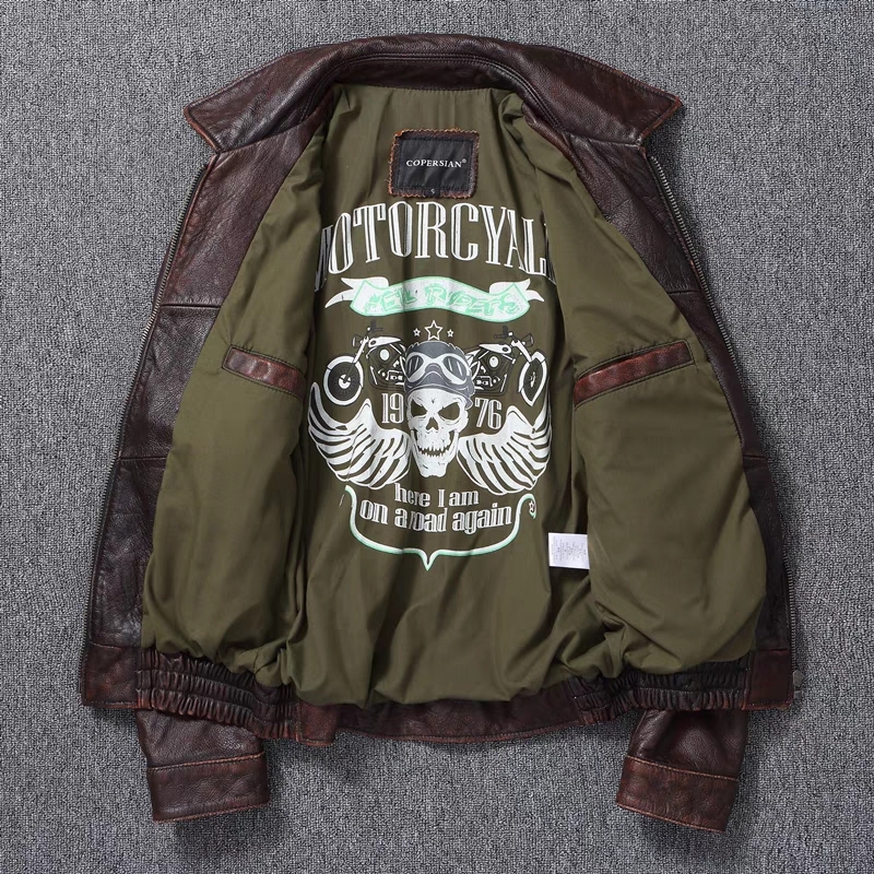 New Genuine Leather Vintage Stone Milled Top Layer Cowhide Bomber A2 Brown Men's Calfskin Motorcycle Jacket