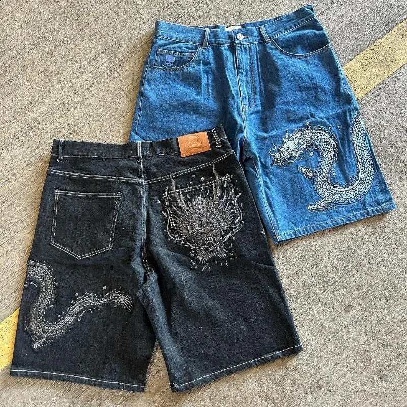Bounty Dragon Pattern Hip Loose Denim Shorts Men Women Y2K Summer Retro Fashion Goth Men Basketball Shorts Streetwear 240913
