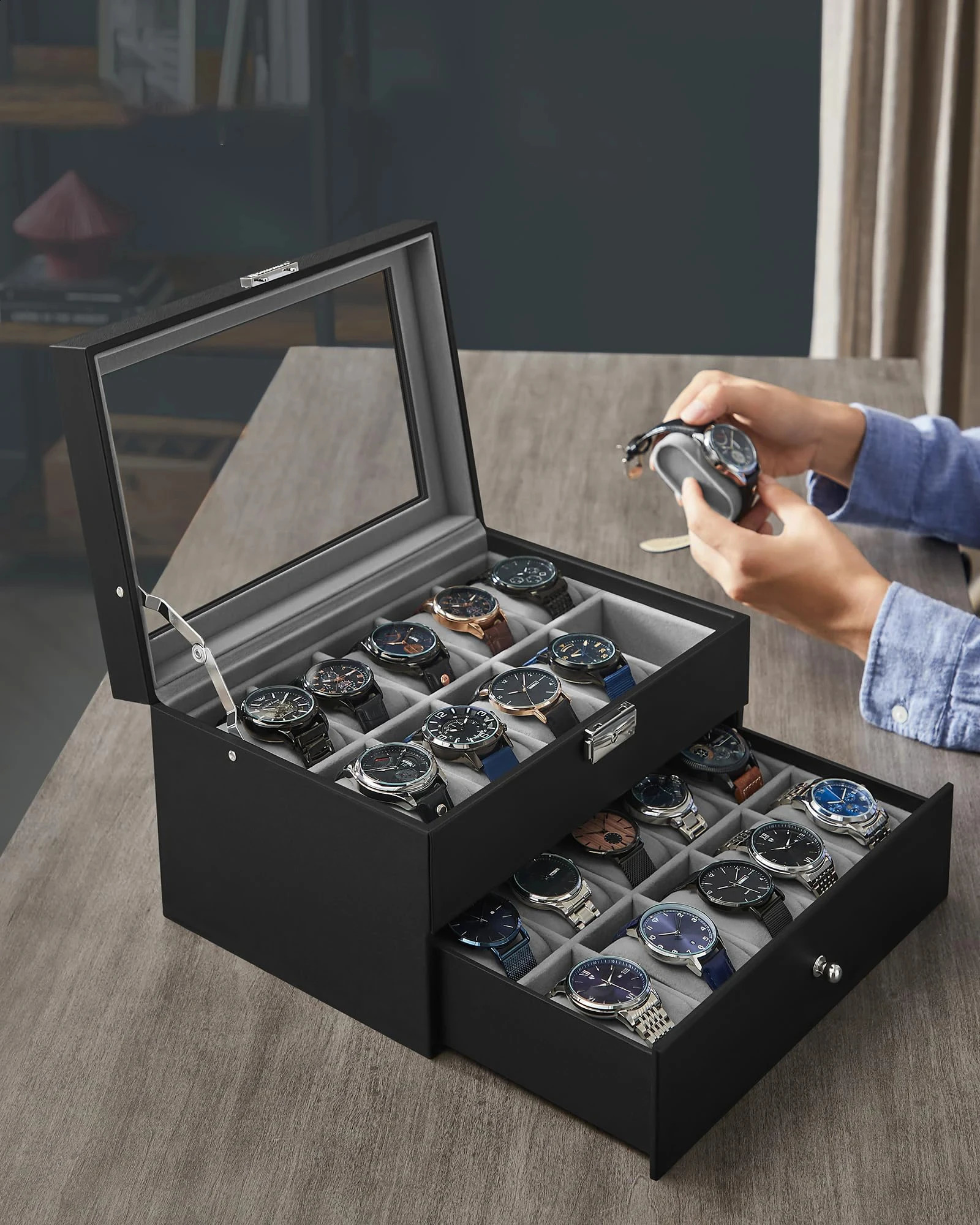 20 slot watch manager case with glass cover 2 layers lockable display black synthetic leather gray 240912