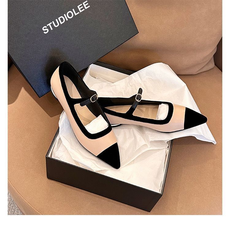 French style single shoe women's evening style pointed light mouth color blocked belt buckle thick heel flat bottom Mary Jane shoes
