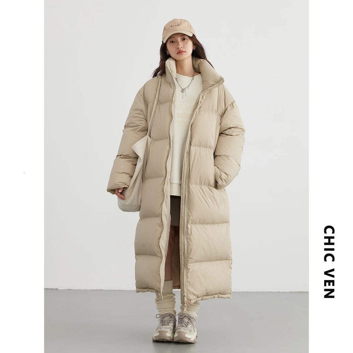 CHIC VEN Women Coats New Long Thick Warm Jackets Overcoat White Duck Down Loose Casual Jacket Autumn Winter 2023