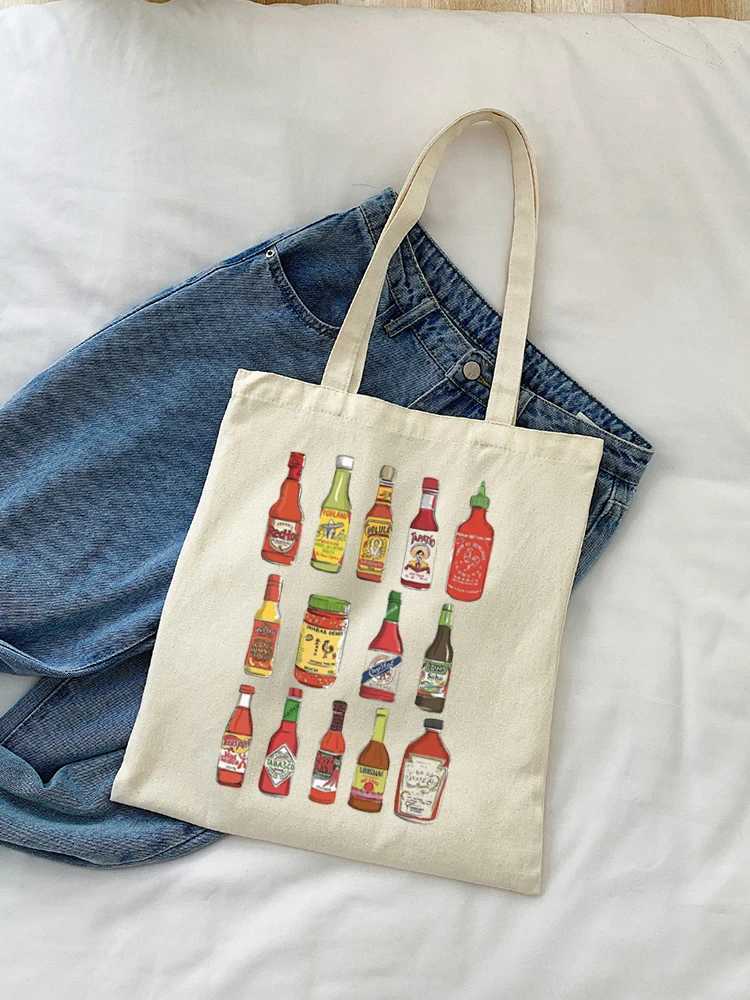 1pc Vintage Hot Sauce Pattern Tote Bag Cute Shopping Bag Carrier Bag Casual Canvas Shoulder Bag Handbag Shopping Gift Bag Z250224