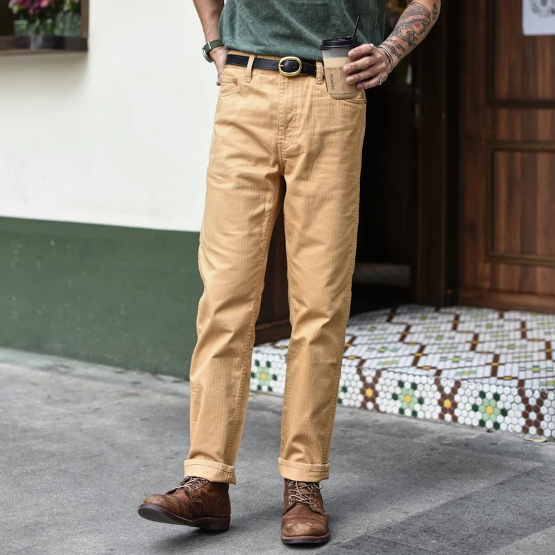 Sauce Zhan Men HBT Herringbone Cargo Casual Pants Waved Twills Slim Fit High Front Rise Wear-Resistant Green