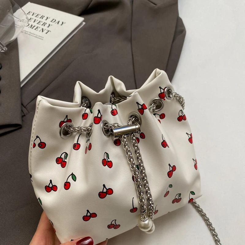 Drawstring Bucket Bags For Women Trend 2024 PU Leather Cherry Print Pearl Crossbady Purse And Handbags Chains Shoulder Strap Versatile Bag