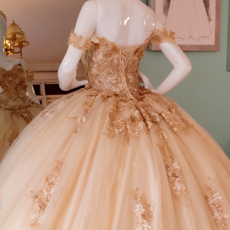 Champagne Shiny Quinceanera Dresses Ball Gown Off The Shoulder 3D Flowers Appliques Lace Tull Corset Vestidos De 15 Anos Sweet 16 Dress