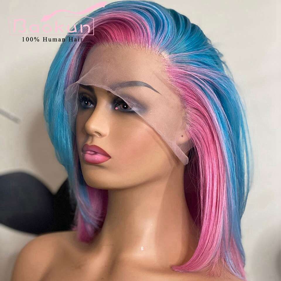 Side Part 13X6 Short Bob Front Pink Blue Highlight Wig Colored 360 HD Human Hair Lace Frontal Wigs