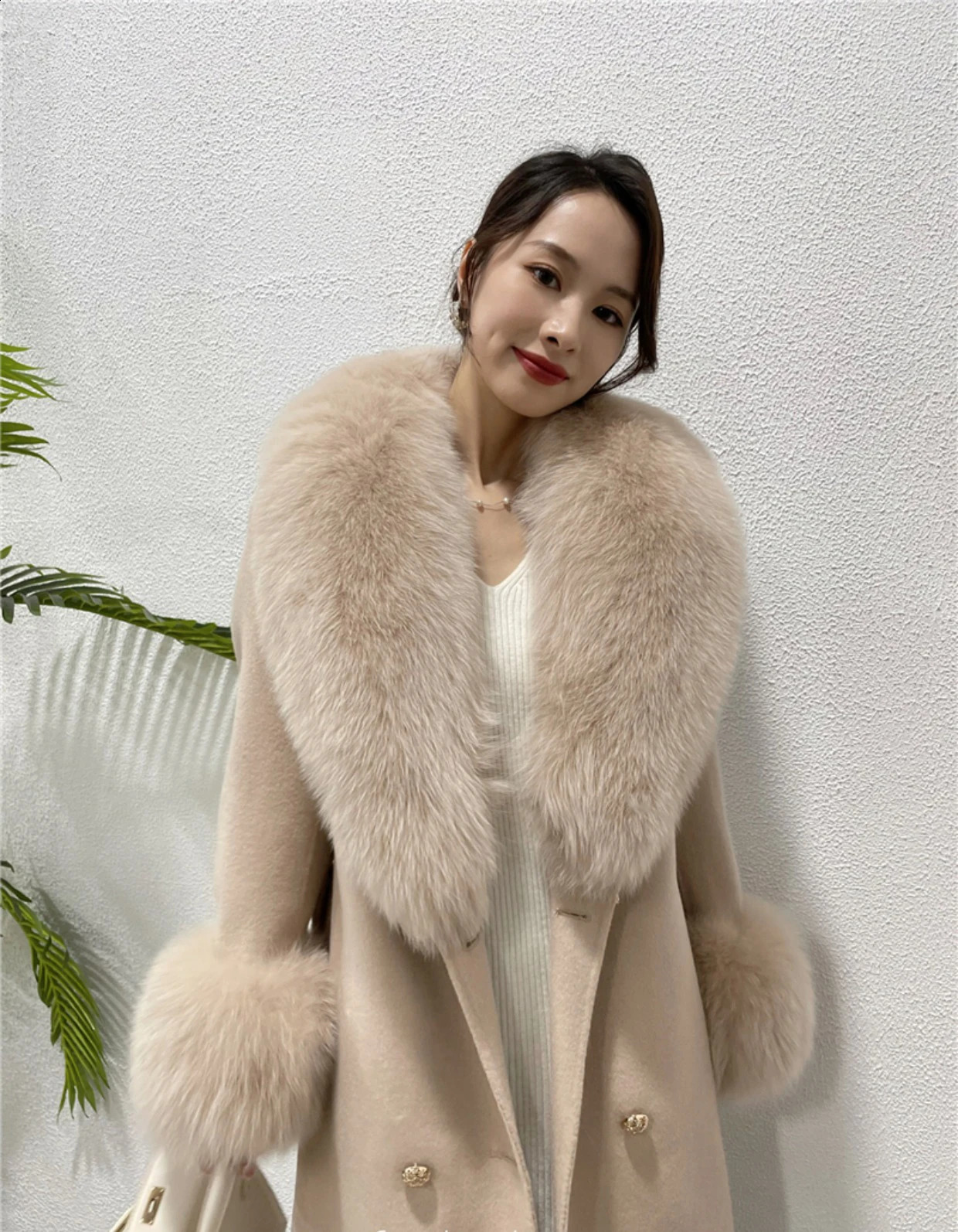 Long cashmere coat womens winter jacket with real fox fur collar fashionable wool blend streetwear 240911