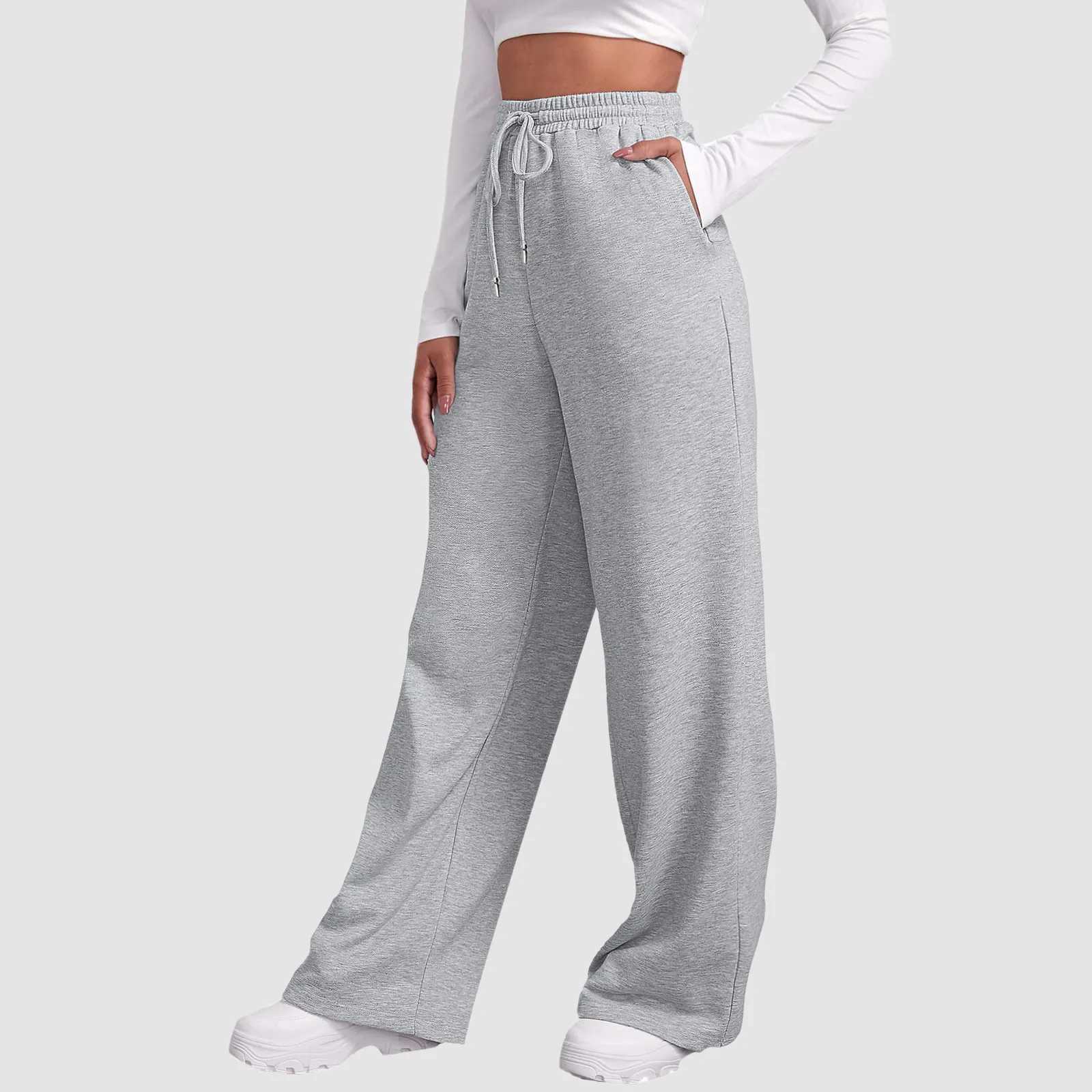 Grey White Black Women Casual Long Pants Elastic High Waist Drawstring Wide Leg Trousers Loose Sport Yoga Sweatpants With Pocket M240918