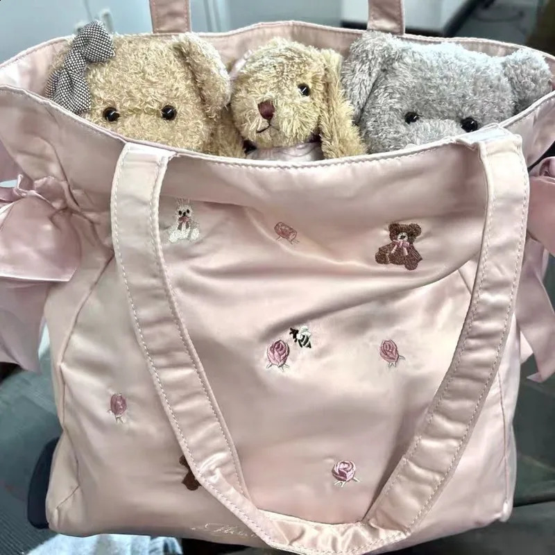 Cute rabbit bear embroidered garbage bag large capacity womens handbag Y2k retro casual pink travel shoulder bag 240918